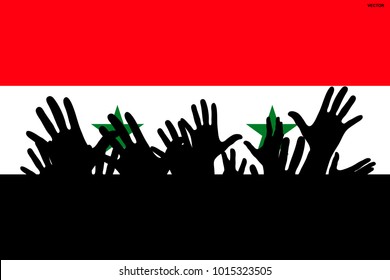 Hands up silhouettes on a Syria flag. Crowd of fans of soccer, games, cheerful people at a party. Vector banner, card, poster.