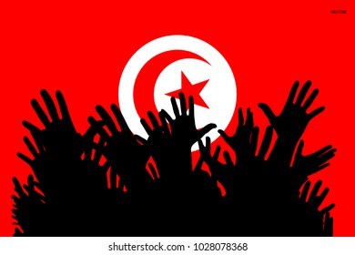 Hands up silhouettes on a Tunisia flag. 