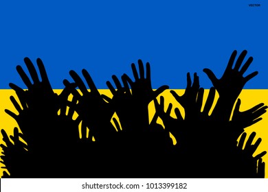 Hands up silhouettes on a Ukraine flag. Crowd of fans of soccer, games, cheerful people at a party. Vector banner, card, poster.