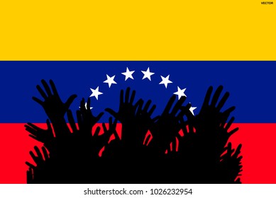 Hands up silhouettes on a Venezuela flag. Crowd of fans, cheerful people at a party. Vector banner, card, poster.