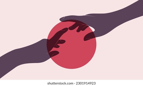 hands silhouettes and red sun. vector illustration