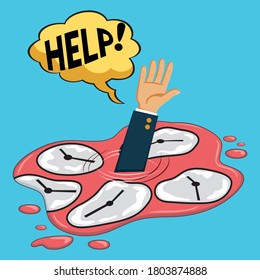 Hands are sinking in the sea of time asks for help, illustration vector cartoon