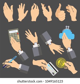 Hands in six different positions and seven variants of using hands in combination with various objects. Vector set
