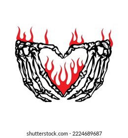 the hands of the skeleton form the heart with flame.linear black and red elements isolated on a white background.modern design.symbol of love to death.vector illustration perfect for tattoo,print,etc
