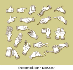 Hands Sketch 1. Hand signs and activity, holding tool drawing vector, Easy to use because each object is a group.