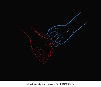 hands sketch vector line art illustration with red and blue color and black background  