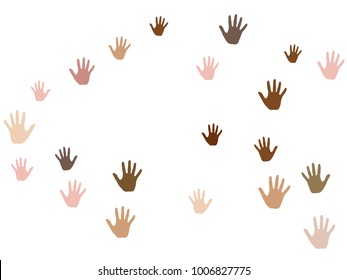 Hands with skin color diversity vector illustration. Cohesion concept icons, social, national and racial issues symbols. Helping hand prints, human palms - working together, collaboration concept.