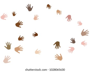 Hands with skin color diversity vector illustration. Community concept icons, social, national, racial issues symbols. Helping hand prints, human palms - friendship, support, teamwork concept.