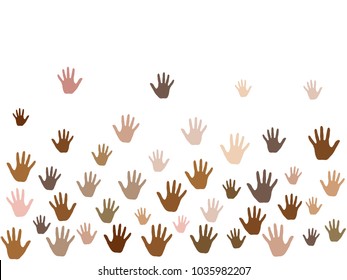 Hands with skin color diversity vector illustration. Community concept icons, social, national, racial issues symbols. Helping hand prints, human palms - volunteering, collaboration concept.
