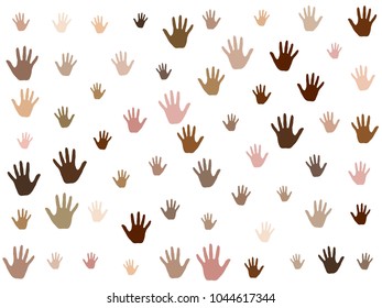 Hands with skin color diversity vector background. Cohesion concept icons, social, national and racial issues symbols. Helping hand prints, human palms. Volunteering, cooperation, teamwork concept