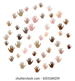 Hands with skin color diversity vector graphic design. Cohesion concept icons, social, national and racial issues symbols. Helping hand prints, human palms - working together,  partnership concept.