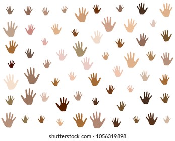 Hands with skin color diversity vector graphic design. Cohesion concept icons, social, national and racial issues symbols. Helping hand prints, human palms - charity, assistance, volunteering concept.