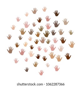 Hands with skin color diversity vector graphic design. Cohesion concept icons, social, national and racial issues symbols. Hand prints, human palms - friendship, solidarity, support, teamwork concept.