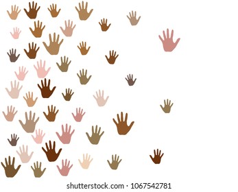 Hands with skin color diversity vector background. Community concept icons, social, national, racial issues symbols. Hand prints, human palms - friendship, solidarity, support, teamwork concept.