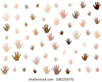 Hands with skin color diversity vector background. Solidarity concept icons, social, national, racial issues symbols. Helping hand prints, human palms - working together,  partnership concept.