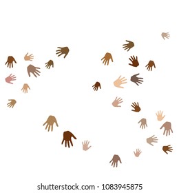 Hands with skin color diversity vector background. Solidarity concept icons, social, national, racial issues symbols. Helping hand prints, human palms - working together, collaboration concept.