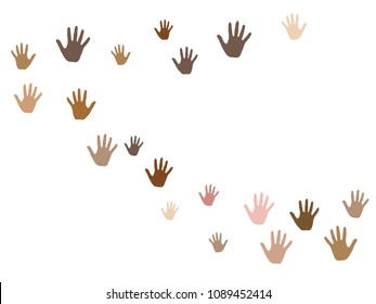 Hands with skin color diversity vector illustration. Solidarity concept icons, social, national, racial issues symbols. Helping hand prints, human palms - volunteering, collaboration concept.