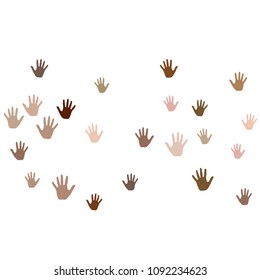 Hands with skin color diversity vector illustration. Solidarity concept icons, social, national, racial issues symbols. Hand prints, human palms - friendship, solidarity, support, teamwork concept.