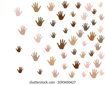 Hands with skin color diversity vector illustration. Solidarity concept icons, social, national, racial issues symbols. Helping hand prints, human palms - volunteering, collaboration concept.