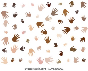 Hands with skin color diversity vector illustration. Cohesion concept icons, social, national and racial issues symbols. Helping hand prints, human palms - volunteering, support, teamwork concept.