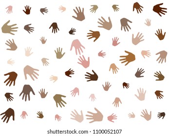 Hands with skin color diversity vector illustration. Community concept icons, social, national, racial issues symbols. Hand prints, human palms - friendship, solidarity, support, teamwork concept.