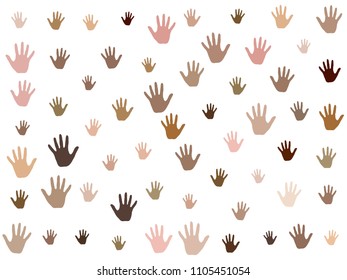 Hands with skin color diversity vector graphic design. Community concept icons, social, national, racial issues symbols. Helping hand prints, human palms - volunteering, support, teamwork concept.