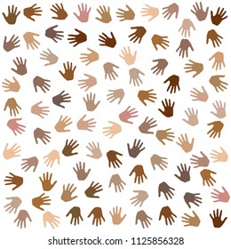Hands with skin color diversity vector background. Solidarity concept icons, social, national, racial issues symbols. Helping hand prints, human palms - working together,  partnership concept.