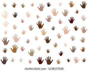 Hands with skin color diversity vector graphic design. Cohesion concept icons, social, national and racial issues symbols. Helping hand prints, human palms - working together,  partnership concept.