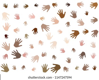 Hands with skin color diversity vector illustration. Community concept icons, social, national, racial issues symbols. Helping hand prints, human palms - volunteering, support, teamwork concept.