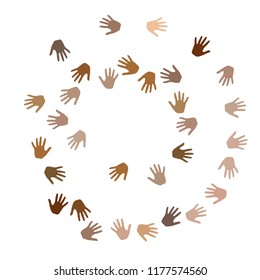 Hands with skin color diversity vector graphic design. Solidarity concept icons, social, national, racial issues symbols. Hand prints, human palms - friendship, solidarity, support, teamwork concept.