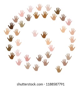 Hands with skin color diversity vector graphic design. Community concept icons, social, national, racial issues symbols. Helping hand prints, human palms - volunteering, support, teamwork concept.