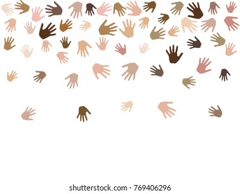 Hands with skin color diversity vector background. Cohesion concept icons, social, national and racial issues symbols. Hand prints, human palms - friendship, solidarity, support, teamwork concept.