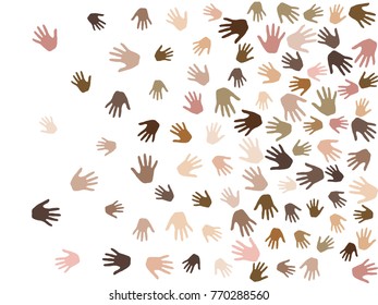 Hands with skin color diversity vector background. Cohesion concept icons, social, national and racial issues symbols. Hand prints, human palms - friendship, solidarity, support, teamwork concept.