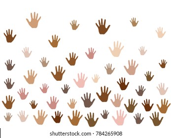 Hands with skin color diversity vector background. Community concept icons, social, national, racial issues symbols. Helping hand prints, human palms - working together,  partnership concept.