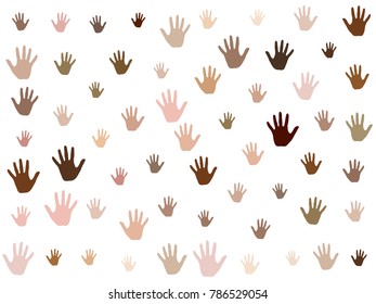 Hands with skin color diversity vector illustration. Solidarity concept icons, social, national, racial issues symbols. Helping hand prints, human palms - volunteering, support, teamwork concept.