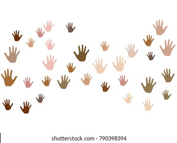 Hands with skin color diversity vector graphic design. Community concept icons, social, national, racial issues symbols. Hand prints, human palms - friendship, solidarity, support, teamwork concept.