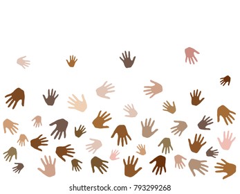 Hands with skin color diversity vector illustration. Community concept icons, social, national, racial issues symbols. Helping hand prints, human palms - friendship, support, teamwork concept.