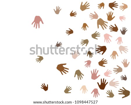 Hands with skin color diversity vector illustration. Cohesion concept icons, social, national and racial issues symbols. Helping hand prints, human palms - working together,  partnership concept.