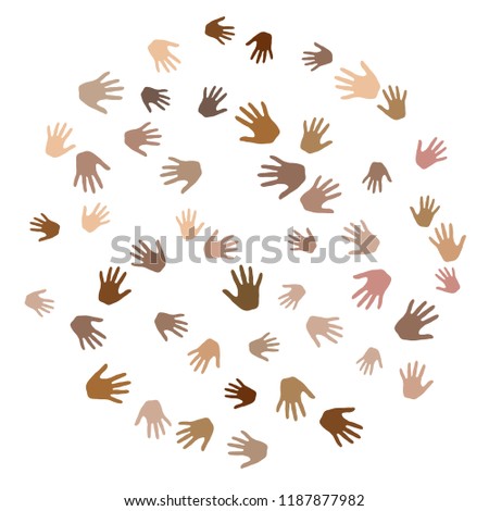 Hands with skin color diversity vector background. Solidarity concept icons, social, national, racial issues symbols. Helping hand prints, human palms - working together, collaboration concept.
