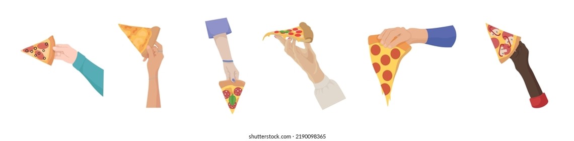 Hands with slices of tasty pizza on white background