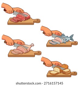 Hands Slicing Beef Meat, Chicken, Fish, and Bread on Wooden Board, Flat Design Vector Illustration
