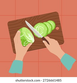 Hands Slicing Fresh Cabbage on a Cutting Board