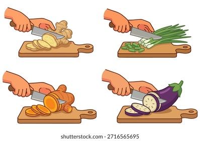 Hands Slicing Ginger, Spring Onions, Turmeric, and Eggplant on Wooden Cutting Board, Flat Design Vector Illustration