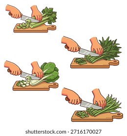 Hands Slicing Various Green Vegetables Celery Bok Choy and Long Beans on Board Flat Design Illustration