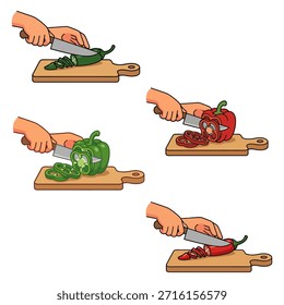 Hands Slicing Various Peppers and Chilis on Wooden Cutting Board, Flat Design Vector Illustration