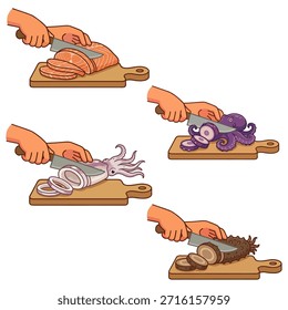 Hands Slicing Various Seafood Including Salmon, Octopus, Squid, and Sea Cucumber on Wooden Cutting Board, Flat Design Vector Illustration