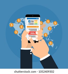 Hands with smart mobile phone has digital advertising ads social media online marketing on world map with coins money. Vector illustration social ads digital marketing concept.