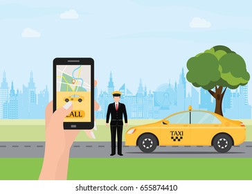 Hands with smart phone and taxi application, Taxi service, Yellow taxi cab on city silhouette with skyscrapers and tower background, Vector illustration.