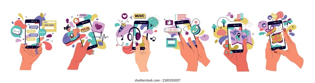 Hands with smart phones. Mobile application for cellphone. Digital communication. Gift or smiley icons. Device in arms. Music or map app. Vector flat cartoon smartphone screens set