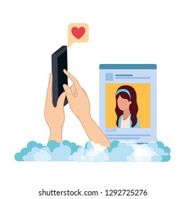 hands with smarthphone and social network profile avatar character